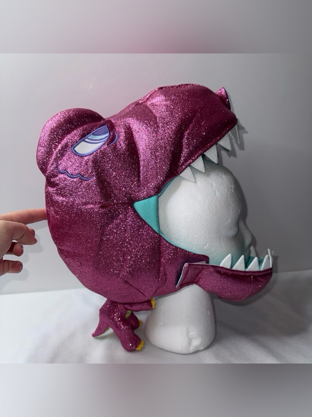 Sparkly Magenta Dinosaur Hood with Teal Lining